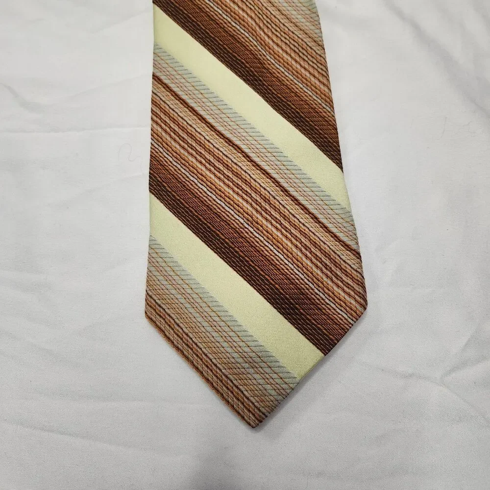 Vtg 70s National Shirt Shop Kipper Tie Brown Gold Stripe Dacron Polyester Wide